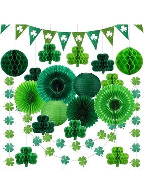 22 Pcs St. Patrick's Day Decor - Shamrock Garland, Tissue Fans & Lanterns for